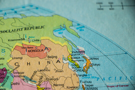 Mongolia, China, Japan, South Korea, Tokyo focused on world map. Wonderlust or tour or travel concept.