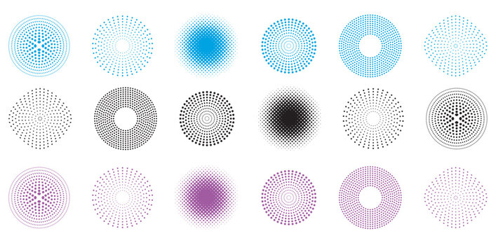 Collection of abstract circular dot patterns in blue, black, and purple radial designs on transparent background