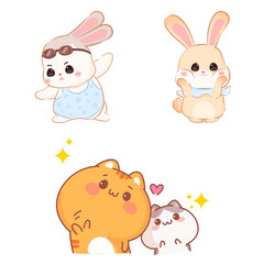 Fototapeta premium Adorable Kawaii Animal Sticker Collection Featuring Cute Rabbits and Playful Cats with Cheerful Expressions for Creative Decor