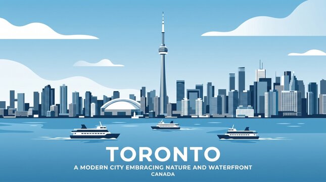 Toronto travel poster, cn tower city skyline, lake boats blue sky. modern travel illustration