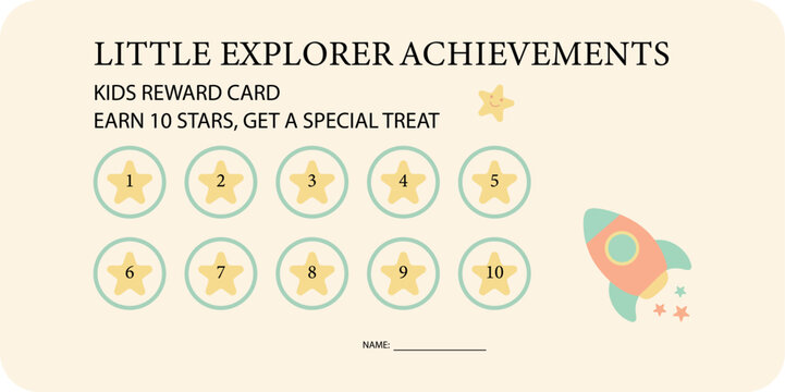 Kids reward punch card with 10 star milestones, cute pastel rocket and smiling star. Printable achievement tracker for children, classroom motivation, positive behavior and learning rewards.