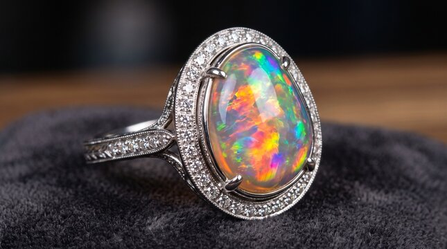 Stunning vintage gold ring featuring a large cabochon opal gemstone glowing with vibrant rainbow fire and surrounded by diamonds. Luxury jewelry piece resting in a dark blue velvet box. Expensive roma
