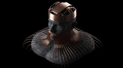 Obraz premium Bronze wire crown and collar on stone bust, futuristic high fashion accessory with dramatic lighting and sculptural elegance