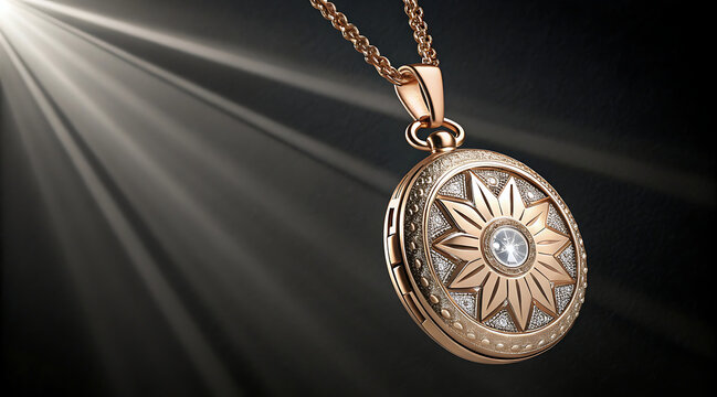 Ornate rose gold pendant locket with sunburst motif and central gemstone, suspended on chain with dramatic light rays illuminating metalwork