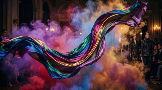 Beautiful woman dancing in a flowing rainbow silk dress surrounded by colorful magic smoke. Dynamic elegant motion in a dark gothic architectural hall. Abstract artistic fashion photography. dress, si