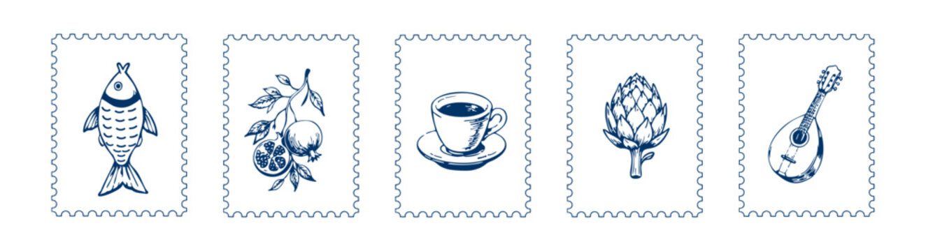 Italian summer postage stamp with vintage doodles.