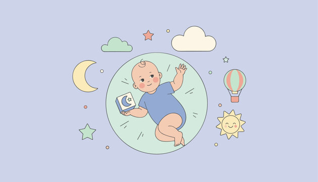 Adorable baby wearing a blue onesie lies inside a circular frame surrounded by cute sky elements like stars and sun.
