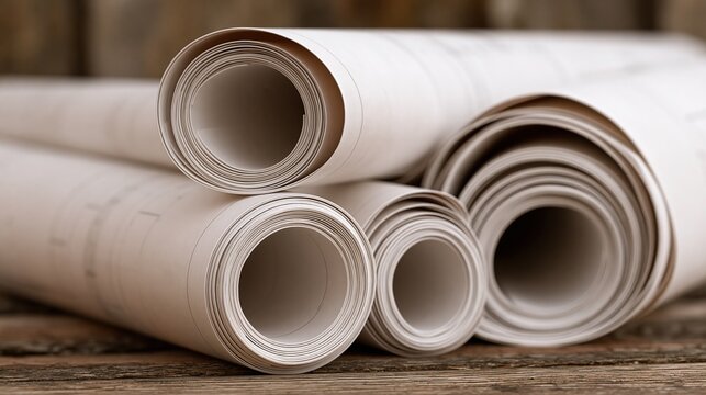 Rolled up blueprints and technical drawings on a rustic wooden surface, representing construction and design projects