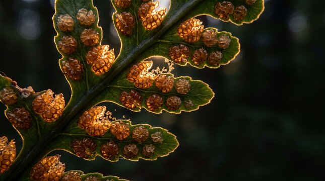 Close-up of a vibrant green fern leaf, illuminated by golden sunlight, showcasing intricate sori on the underside, dark natural background, detailed botanical macro photography