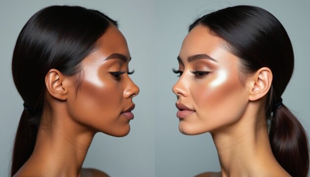 Two women with dark, light skin tones display pro face contouring makeup. Models pose in profile view showing high cheekbone definition with highlighter, bronzer. Beauty studio portrait compares