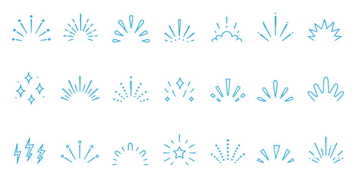 Doodle shine sunburst sparkle ray elements. Hand drawn pop surprise line frame for title headline illustration. Doodle vector illustration.

