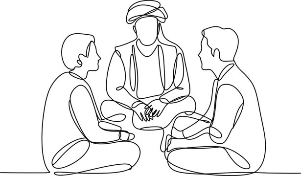 Continuous line drawing of three people sitting together in a circle