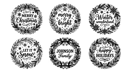 Set of christmas wreaths with seasonal greetings and holiday text, christmas © Dipa