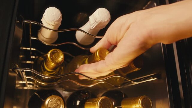 Storing bottles of wine in fridge, white and red wines in cooler. Alcoholic card in restaurant or at home storage, shop supermarket. Cooling and preserving wine and cava champagne..