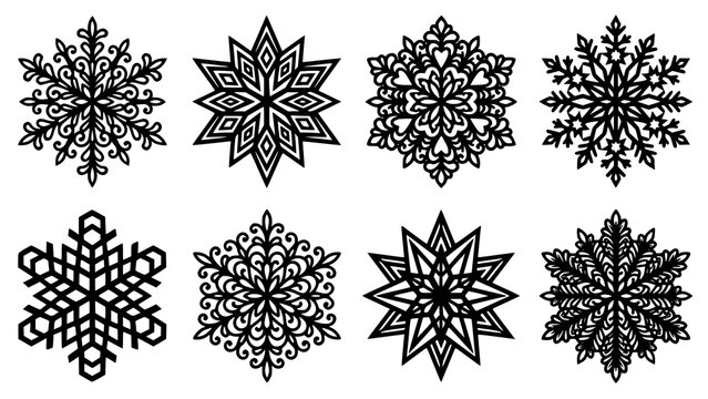 Set of eight decorative geometric snowflake patterns for holiday design with ornament