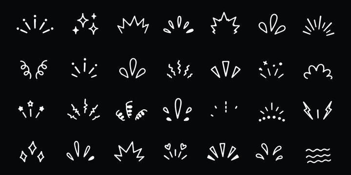 doodle line sparkle vector set, comic style decorative lines, burst effects, and dynamic radial patterns. Hand drawn pop surprise line frame for title headline illustration. Doodle sparkle and rays. 