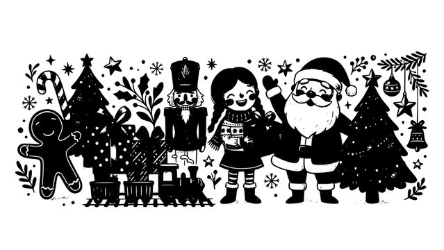 Christmas holiday scene with santa claus girl and festive elements, christmas