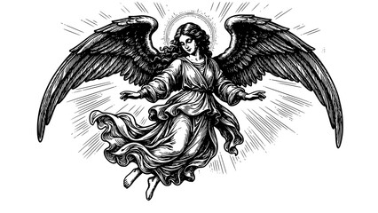 Fototapeta premium Vintage hand drawn illustration of a flying angel with radiance and wings, religion