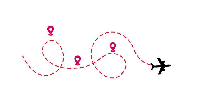 Red dotted Plane route path  animation on white screen background. Perfect for air route, air paths.	