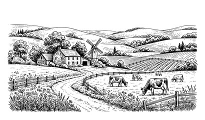 Fototapeta premium Rustic meadow village engraving landscape vector for organic dairy packaging