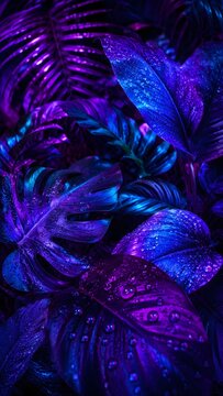 Hojas de plantas tropicales bajo luz ultravioleta
