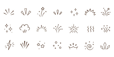 doodle line sparkle vector set, comic style decorative lines, burst effects, and dynamic radial patterns. Hand drawn pop surprise line frame for title headline illustration. Doodle sparkle and rays .  © HIKE STUDIO 9