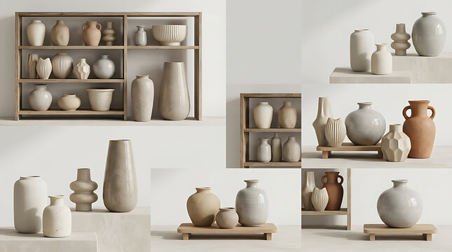 Collection of various ceramic vases and decorative pottery arranged on wooden shelves and bases