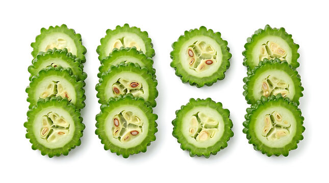 Sliced bitter melon rounds arranged in rows on a plain white background, for culinary use