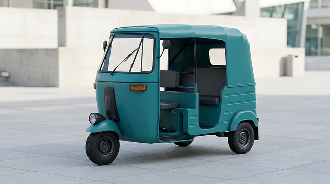 Teal three-wheeled auto rickshaw parked on paved ground, side view of urban passenger transport