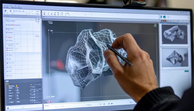 Digital artist using stylus on touch screen for 3D modeling.