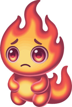 Cute sad fire element character with big expressive eyes character expression