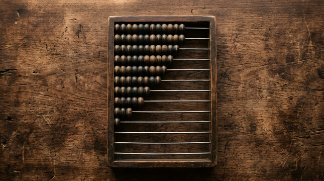 Vintage wooden abacus on rustic wooden background | Antique counting frame for mathematics and accounting | Traditional calculating tool for business | Historical math instrument on timber