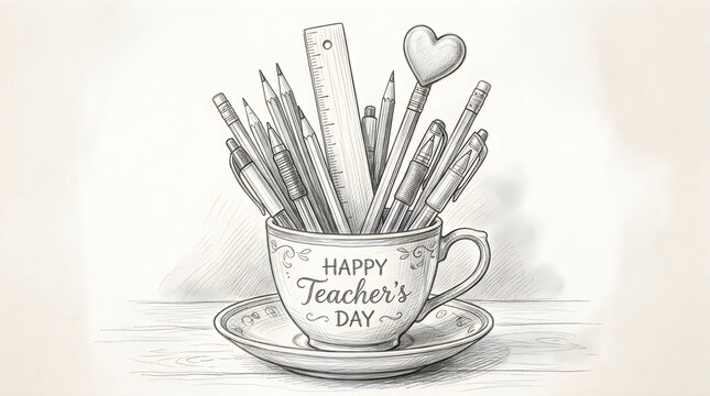 Happy teacher's day pencil holder with ruler pen and heart pencil topper.