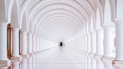 Obraz premium Expansive White Archway Corridor with Repeating Columns and Reflective Floor
