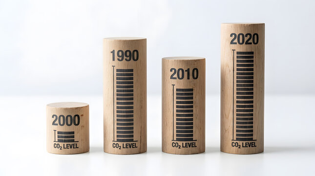Wooden cylinders showing global CO2 level changes from 1990 to 2020 | Concept of climate change and greenhouse gas emissions | Environmental data statistics | Global warming and carbon footprint