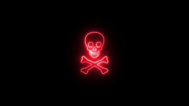 Glowing neon skull icon animation 4k video. crossbones icon. Abstract Neon Hard Danger Background Animation. Danger icon made of neon light Pirate skull emigre,