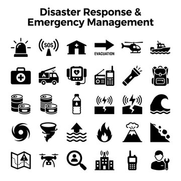 Disaster response and emergency management icon set with disaster, emergency