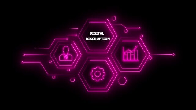 Abstract neon knowledge ability business gear icon Glowing neon line concept. Glowing "DIGITAL DISCRUPTION" button in German on a futuristic, abstract wave technology on black background. 4K video..