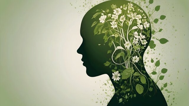 Human head silhouette profile with white flowers and tree growing concept