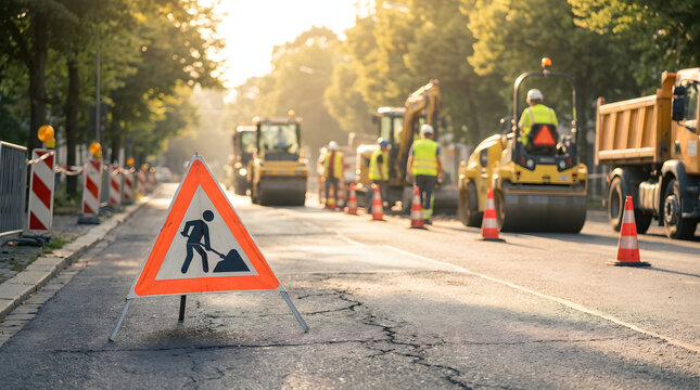 Road construction warning sign placed on asphalt road surface