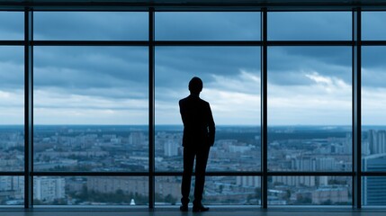 Fototapeta premium Silhouette of a businessman in a suit standing in a modern office, looking out at a cityscape through a large window