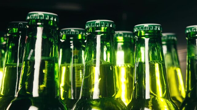 Row of beer bottles in fridge, shop or hotel, cold lager craft german beer or cider, shop supermarket or wine cooler close up.