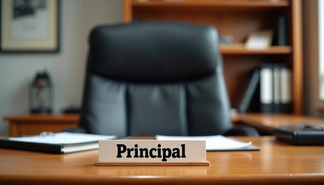 Principal office desk with nameplate. Black executive chair, wooden shelves, and files behind. Ready for school administration leadership meetings or educational policy discussions.