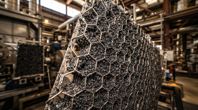 Close-up of an industrial carbon capture filter mesh filled with activated carbon granular material inside a modern factory facility