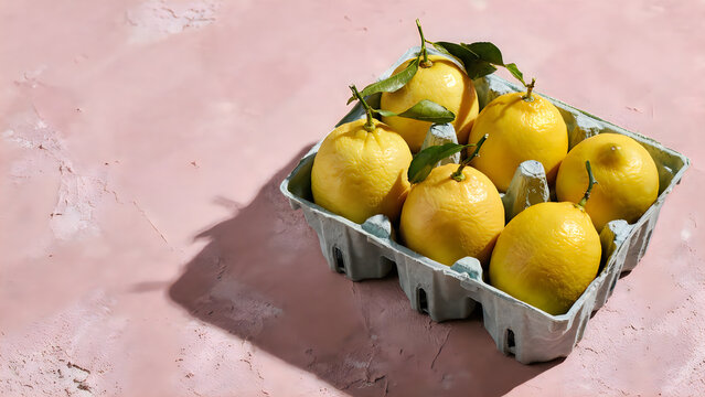 Fresh meyer lemons in recycled cardboard carrier on textured pink surface citrus fruit still life