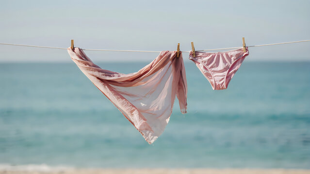 Pink bikini bottoms and a sheer scarf drying on a clothesline with a blurred ocean backdrop summer vacation aesthetic