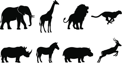 Collection of African safari animal black silhouettes including elephant giraffe lion cheetah rhinoceros zebra hippo and antelope isolated on white background © MdMehedi