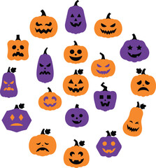 Obraz premium Set of cute orange and purple halloween pumpkin icons with funny and scary faces for design isolated on transparent background, Vector