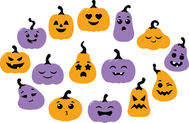 Fototapeta premium Set of cute orange and purple pumpkins with various funny faces for halloween party decoration isolated on transparent background, Vector