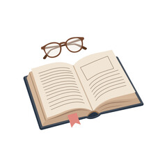 Open Reading Book with Eyeglasses and Bookmark Cozy Hygge Illustration